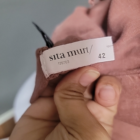 Sita Murt 100% Linen Blouse Ruffled Cap Sleeve Asymmetrical Button Size L/42 - Picture 6 of 8